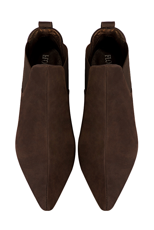 Women's dark brown elegant Chelsea ankle boots, with side elastics. Tapered toe. Medium cone heels - Top view
